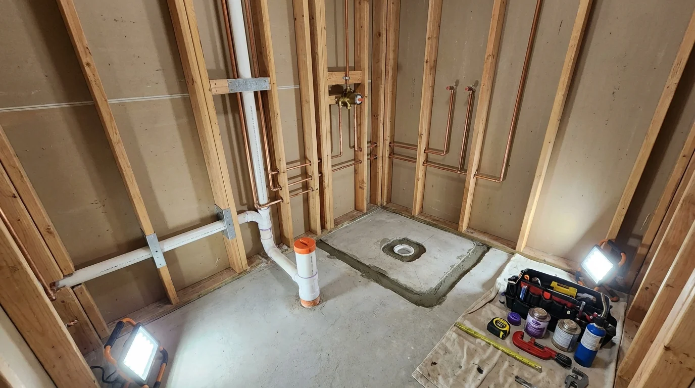 Bathroom rough-in plumbing during remodel by Johns Plumbing LLC in Clancy