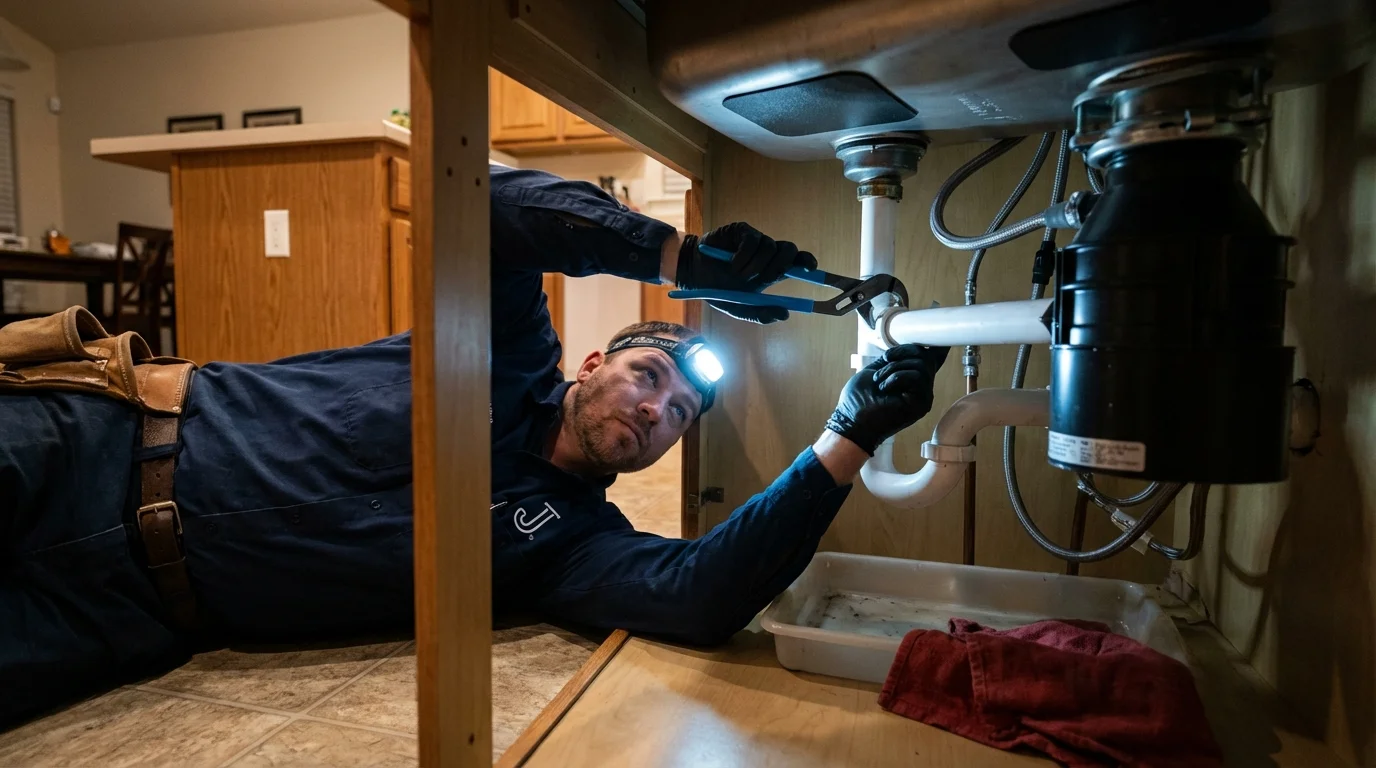 P-trap and supply line connections under a kitchen sink showing a common leak point in Clancy, MT